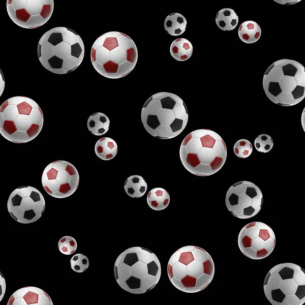 Rouge Soccer-balles isolé sur fond noir motif sans couture illustration 3d — Photo