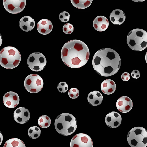 Rouge Soccer-balles isolé sur fond noir motif sans couture illustration 3d — Photo