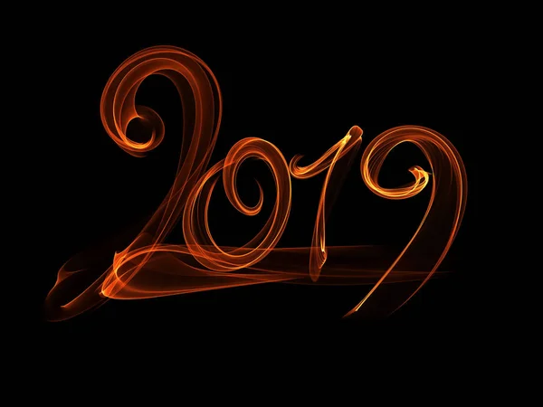 Happy new year 2019 isolated numbers lettering written with white fire flame or smoke on black background