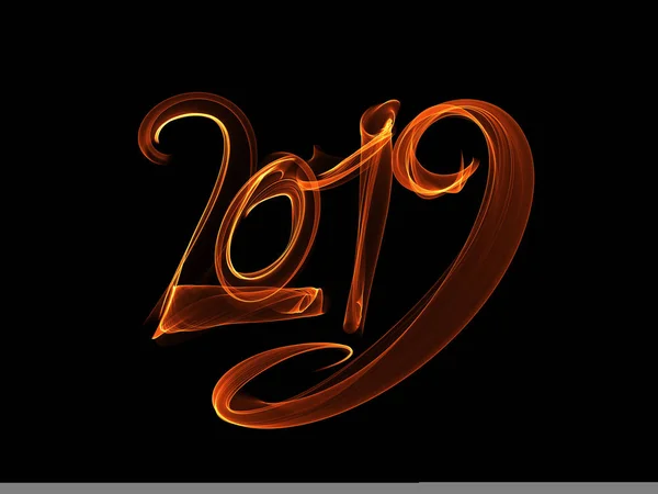 Hyvää uutta vuotta 2019 yksittäiset numerot kirjaimet kirjoitettu valkoinen tulipalo liekki tai savu mustalla taustalla — kuvapankkivalokuva
