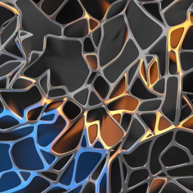 Altın çerçeve ile kaotik siyah manzara yapısının Soyut 3d render. Boş alanda fütüristik şekli