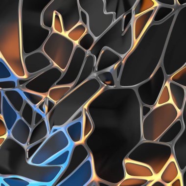 Altın çerçeve ile kaotik siyah manzara yapısının Soyut 3d render. Boş alanda fütüristik şekli