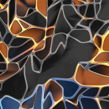 Altın çerçeve ile kaotik siyah manzara yapısının Soyut 3d render. Boş alanda fütüristik şekli