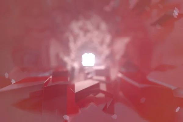 Abstrato Luz do túnel arquitetônico Triângulo irregular Fundo futurista feito de metal vermelho ou plástico. Conceito de sucesso ilustração 3d. tiro macro foco seletivo com DOF rasa — Fotografia de Stock