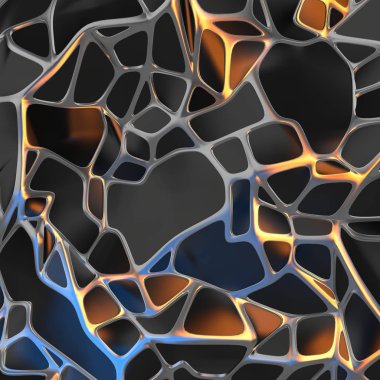 Altın çerçeve ile kaotik siyah manzara yapısının Soyut 3d render. Boş alanda fütüristik şekli