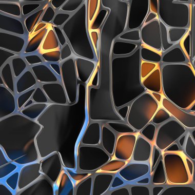 Altın çerçeve ile kaotik siyah manzara yapısının Soyut 3d render. Boş alanda fütüristik şekli