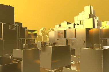 Servet zengin kavram fikir Golden city adlı günbatımı ışınları soyut uzay background.3d resim işleme