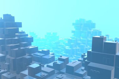 Servet zengin kavram fikir günbatımı ışınları soyut uzay background.3d illüstrasyon işleme, mavi şehir