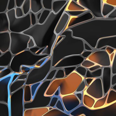 Altın çerçeve ile kaotik siyah manzara yapısının Soyut 3d render. Boş alanda fütüristik şekli