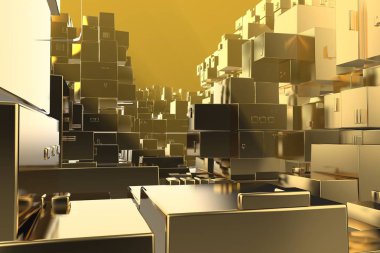 Servet zengin kavram fikir Golden city adlı günbatımı ışınları soyut uzay background.3d resim işleme