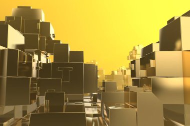 Servet zengin kavram fikir Golden city adlı günbatımı ışınları soyut uzay background.3d resim işleme