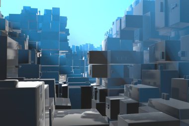 Servet zengin kavram fikir günbatımı ışınları soyut uzay background.3d illüstrasyon işleme, mavi şehir