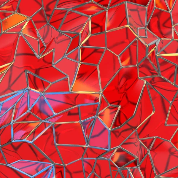 Représentation 3D abstraite de la structure de paysage de fenêtres en verre rouge chaotique avec cadre doré. Fond de texture futuriste — Photo