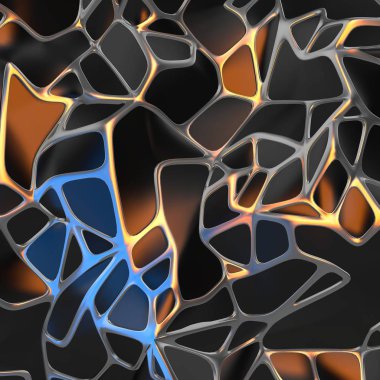 Altın çerçeve ile kaotik siyah manzara yapısının Soyut 3d render. Boş alanda fütüristik şekli