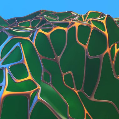 Altın çerçeve ile kaotik yeşil peyzaj yapısının Soyut 3d render. Boş alanda fütüristik şekli