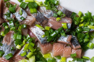 Ringa balığı yeşil soğan ile bir tabağa dilimlenmiş. Seçici odak makro ile sığ Dof vurdu.