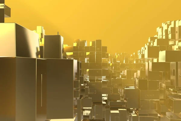 Riqueza ideia conceito rico Cidade dourada ao pôr do sol raios Espaço abstrato background.3D ilustração renderização — Fotografia de Stock
