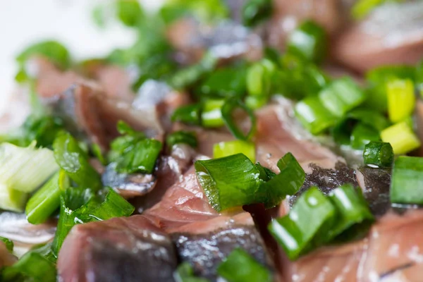 Sliced herring with green onion on a plate. Selective focus macro shot with shallow DOF. — Stock Photo, Image