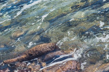 Güzel açık turkuaz deniz okyanus su yüzeyinde dalgalanmalar ve parlak sıçrama ile deniz manzarası arka plan, yatay resim fotoğrafı