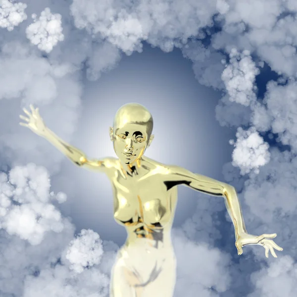 Slim attraente sportiva in oro volare in aria piena di nuvole su sfondo blu. Fantasia fata realtà virtuale 3d illustrazione — Foto Stock