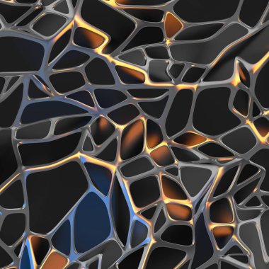 Altın çerçeve ile kaotik siyah manzara yapısının Soyut 3d render. Boş alanda fütüristik şekli