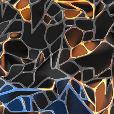 Altın çerçeve ile kaotik siyah manzara yapısının Soyut 3d render. Boş alanda fütüristik şekli