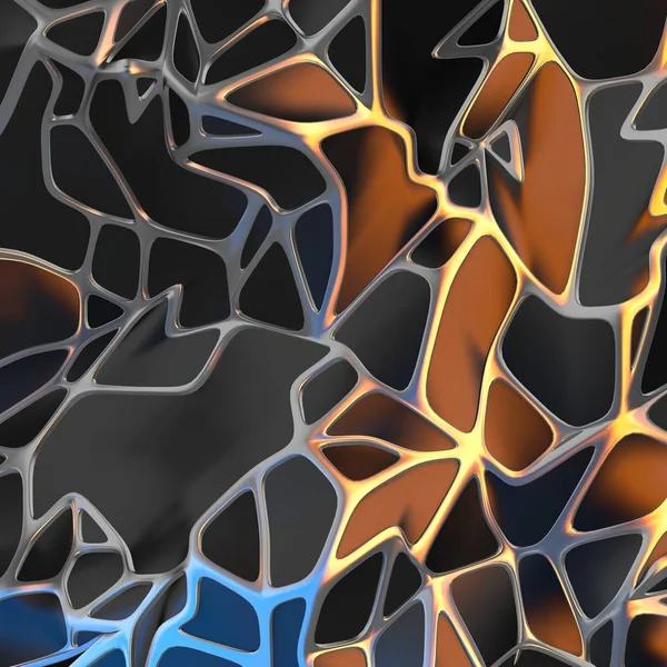 Αφηρημένη 3d rendering χαοτική μαύρο τοπίο δομής με Χρυσή κορνίζα. Φουτουριστικό σχήμα στο κενό χώρο — Φωτογραφία Αρχείου