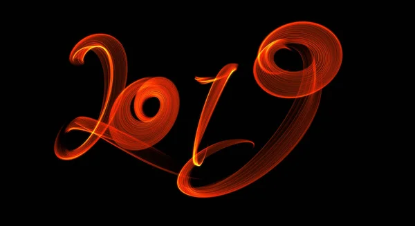 新年快乐2019独立数字文字用火火焰或烟雾写在黑色背景上 — 图库照片