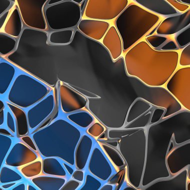 Altın çerçeve ile kaotik siyah manzara yapısının Soyut 3d render. Boş alanda fütüristik şekli