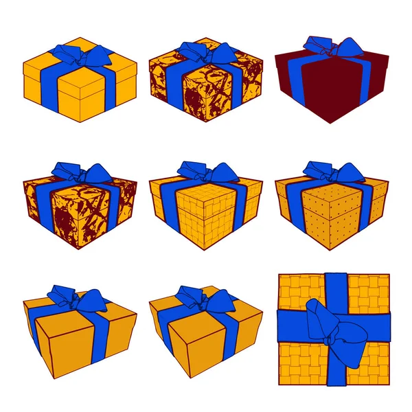 Набір різнокольорових подарункових коробок з бантами та стрічками. Векторна колекція ілюстрацій — стоковий вектор