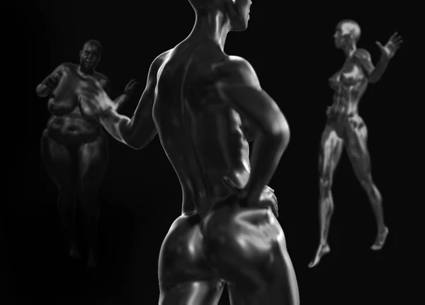 Schwarzer hinterer weiblicher Oberkörper im Vordergrund und die dicke Frau im Hintergrund. 3D gerenderte medizinische Konzeptillustration. Probleme mit Fettleibigkeit — Stockfoto
