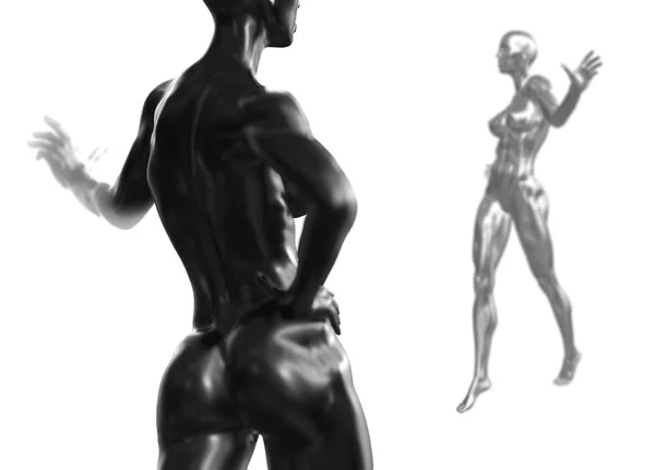 Чорна спина Жінка торс на передньому плані і товста жінка на фоні. 3D ілюстрація медичної концепції. Проблеми з ожирінням — стокове фото