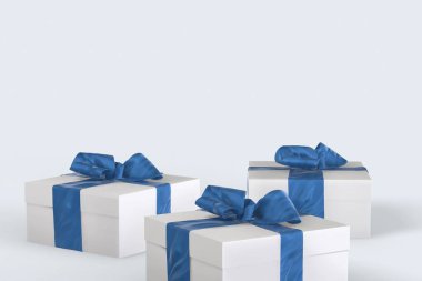 Beyaz arka plan üzerinde şerit yay ile yılbaşı yeni yıl renkli hediye kutuları. Senin metin için yer ile 3D çizim