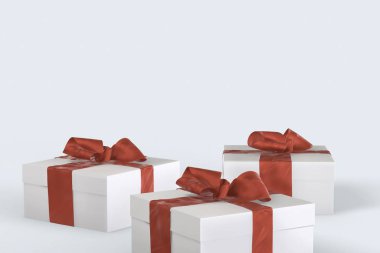 Beyaz arka plan üzerinde şerit yay ile yılbaşı yeni yıl renkli hediye kutuları. Senin metin için yer ile 3D çizim