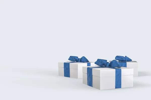 Beyaz arka plan üzerinde şerit yay ile yılbaşı yeni yıl renkli hediye kutuları. Senin metin için yer ile 3D çizim — Stok fotoğraf