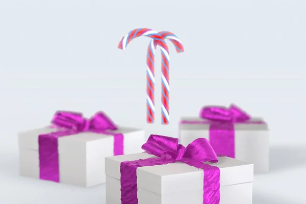 Karácsonyi-újévi színes díszdobozok íjakkal és lecsupaszított Cukorpálca fehér alapon. 3D-s illusztráció a szöveg szóközzel — Stock Fotó