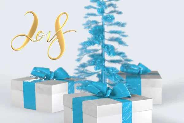 2018 Navidad Año Nuevo letras con coloridas cajas de regalo con lazos de cintas y árbol de Navidad de oro sobre el fondo blanco. ilustración 3d —  Fotos de Stock