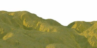 Yeşil çim tepeler tarafından beyaz arka plan hava üstten görünüm dron veya uçak ile sıcak güneş ışığı yaktı. Metniniz için boşaltmak. 3D çizim render