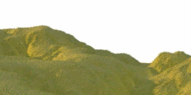 Yeşil çim tepeler tarafından beyaz arka plan hava üstten görünüm dron veya uçak ile sıcak güneş ışığı yaktı. Metniniz için boşaltmak. 3D çizim render