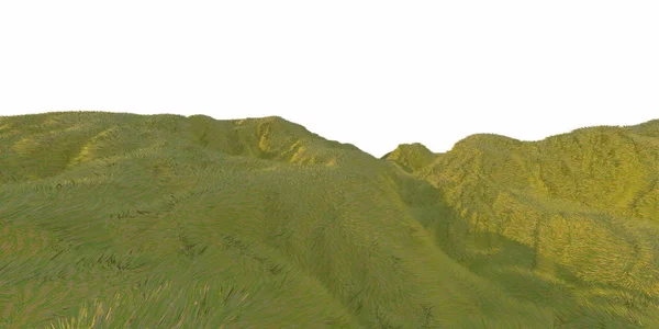 Groen gras heuvels verlicht door warm zonlicht met de witte achtergrond luchtfoto bovenaanzicht van drone of vliegtuig. Copyspace voor uw tekst. 3D illustratie maken — Stockfoto