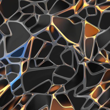 Altın çerçeve ile kaotik siyah manzara yapısının Soyut 3d render. Boş alanda fütüristik şekli