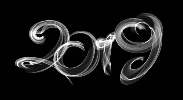 Felice anno nuovo 2019 numeri isolati lettering scritto con fiamma di fuoco o fumo su sfondo nero — Foto Stock