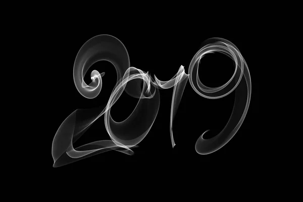 Felice anno nuovo 2019 numeri isolati lettering scritto con fiamma di fuoco o fumo su sfondo nero — Foto Stock