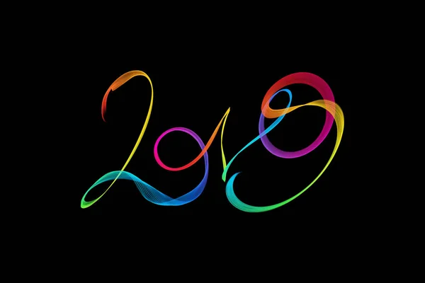 Happy new year 2019 isolated numbers lettering written with rainbow fire flame or smoke on black background — Stock Photo, Image