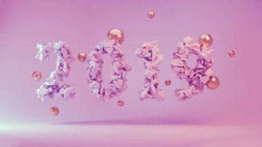 Mutlu yeni yıl afiş 2019 son moda pembe renk tarafından yapılan numaraları ile çalışma arka plan üzerinde taş kırık Altın küreler uçan ile paramparça. Soyut 3d çizim