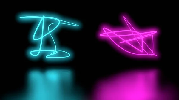 Futuriste Science-fiction abstraite Violet et bleu néon Formes de lumière sur fond noir mur et plancher réfléchissant avec espace vide pour le texte Illustration rendu 3D — Photo