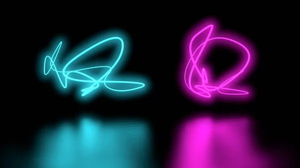 Futuristic Sci-Fi Abstract Purple and blue Neon Light Shapes On Black Background wall and Reflective floor With Empty Space For Text 3D Rendering Illustration — Stock Photo, Image