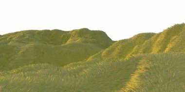 Yeşil çim tepeler tarafından beyaz arka plan hava üstten görünüm dron veya uçak ile sıcak güneş ışığı yaktı. Metniniz için boşaltmak. 3D çizim render