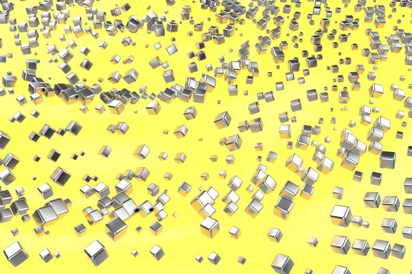 Argent ou or blanc blocs de platine cubes sur fond de vague jaune clair. Modélisation d'illustration 3D. richesse riche exploitation minière Bitcoin concept. Monnaie croissante entreprise finance succès clipart — Photo