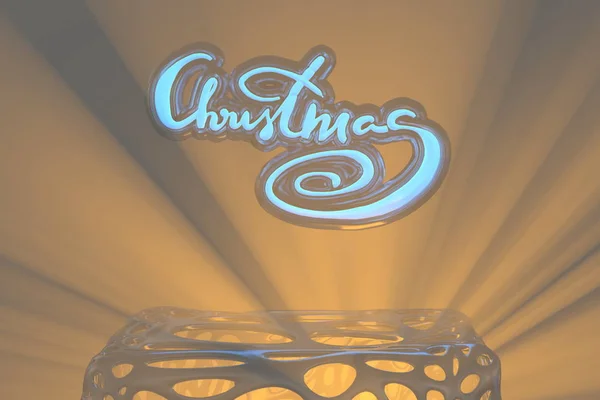 Palabra elegante de letras doradas navideñas con núcleo de luz brillante sobre mesa de malla abstracta y godrays en niebla o niebla alrededor. Ilustración Holyday 3D — Foto de Stock